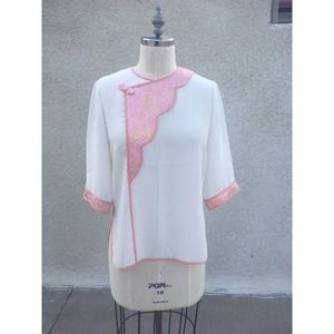 Blouse White And Peach Short Sleave Crew Neck Asian Inspired Top